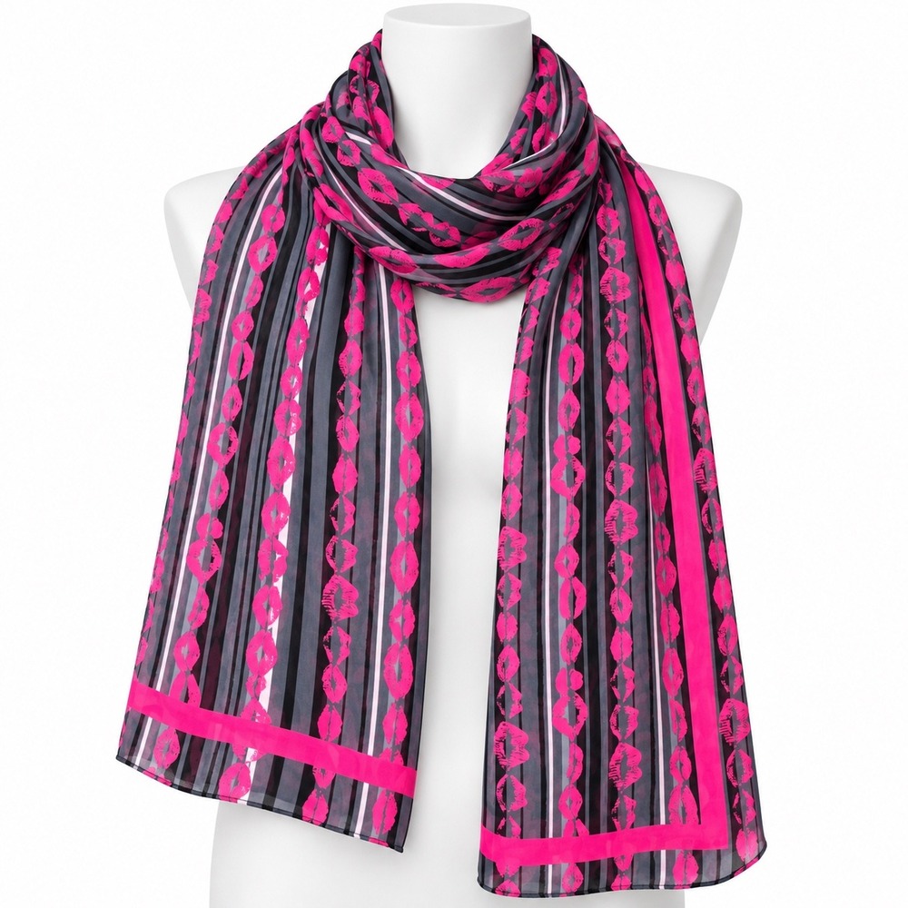 Kirna Zabete Scarf Women Black Pink Lips Striped Sheer Pop Art Statement Wrap